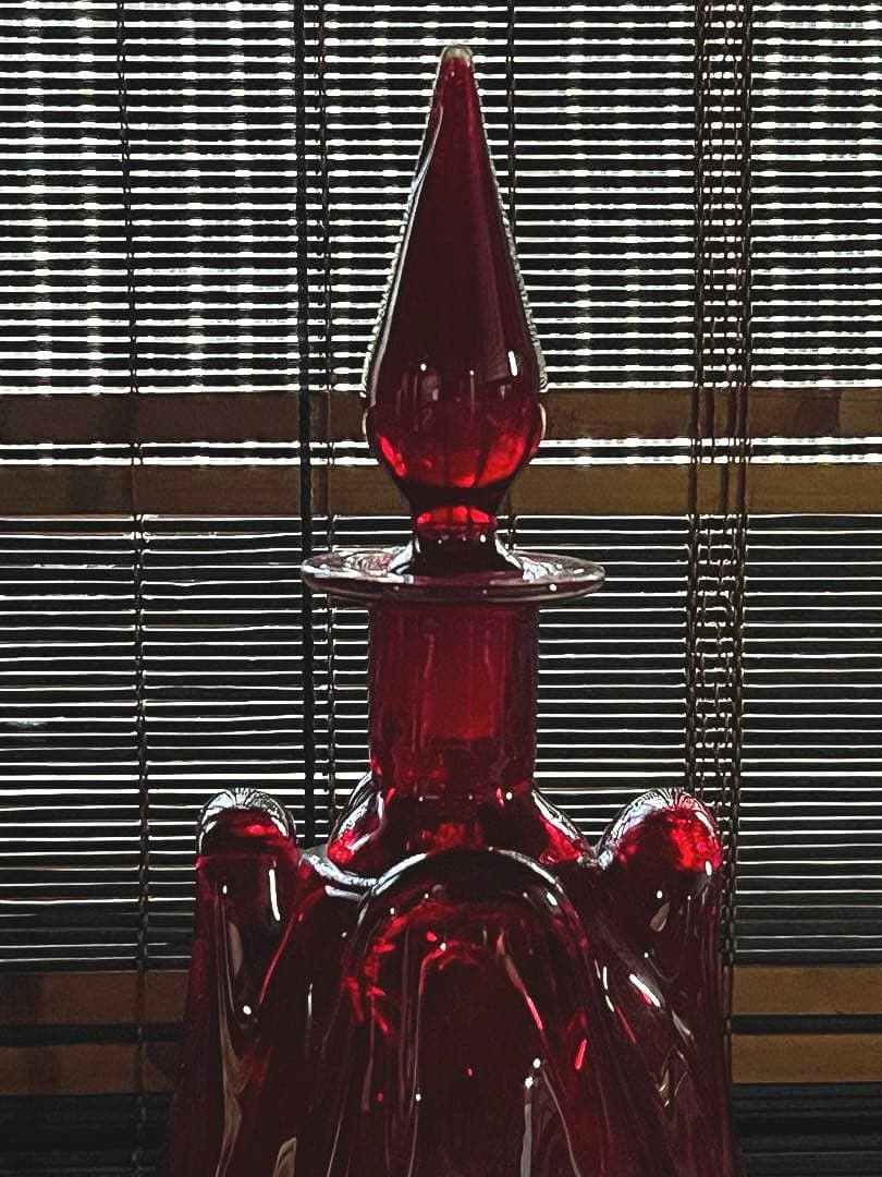 骨董 時代ガラス 銅赤被せガラス 古作 水差し デカンタ カラフェ