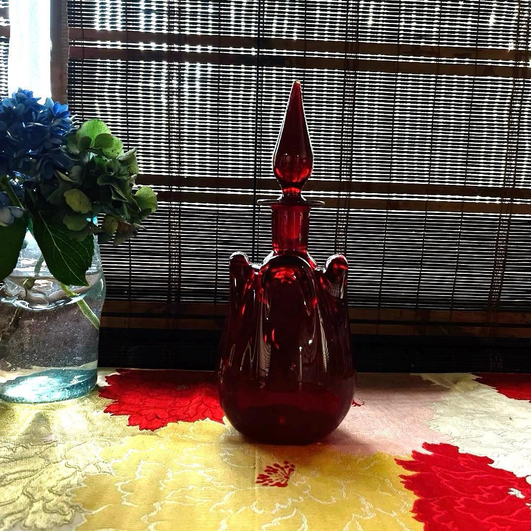 骨董　時代ガラス　銅赤被せガラス　古作　水差し　デカンタ カラフェ 骨董 時代ガラス 銅赤被せガラス 古作 水差し デカンタ カラフェ