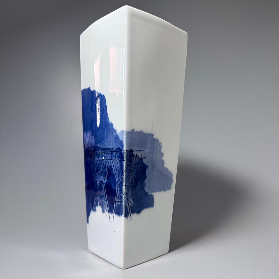 有田焼 日展特選作家 辻毅彦 作 角花瓶 高さ26cm 辻ブルー インテリア