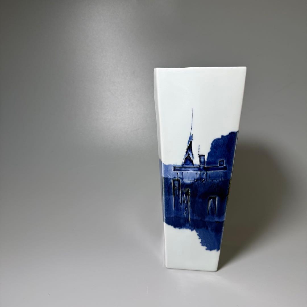 有田焼 日展特選作家 辻毅彦 作 角花瓶 高さ26cm 辻ブルー インテリア