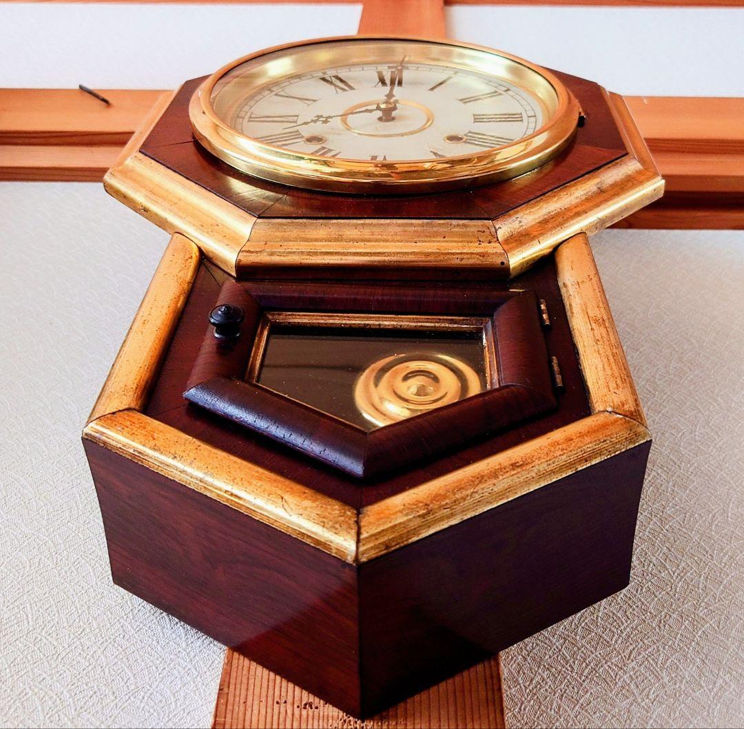 〈OH済完動・極上品〉米国Ｅ．N.WELCH　 金縁八角合長ゼンマイ振り子時計