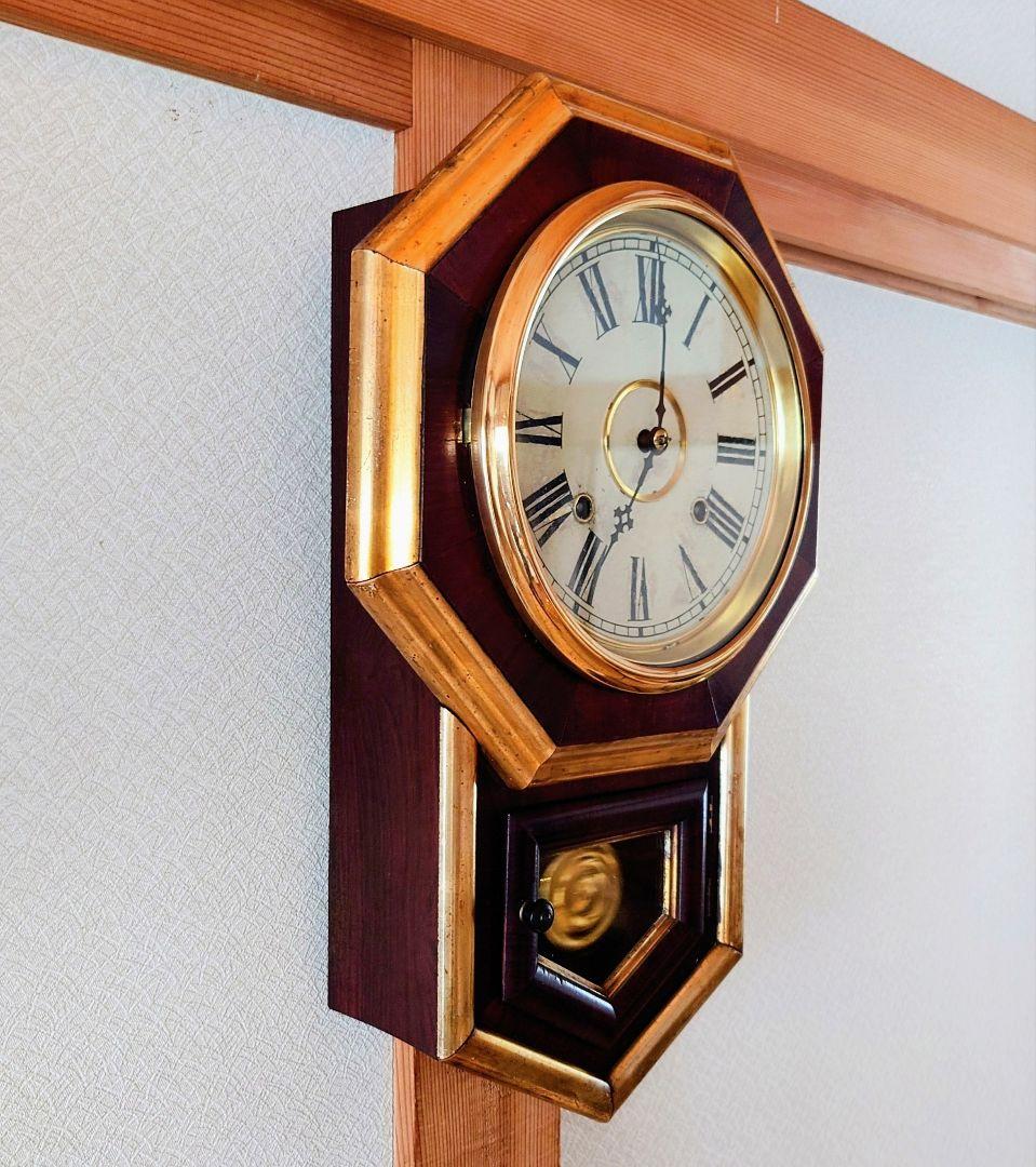 〈OH済完動・極上品〉米国Ｅ．N.WELCH　 金縁八角合長ゼンマイ振り子時計