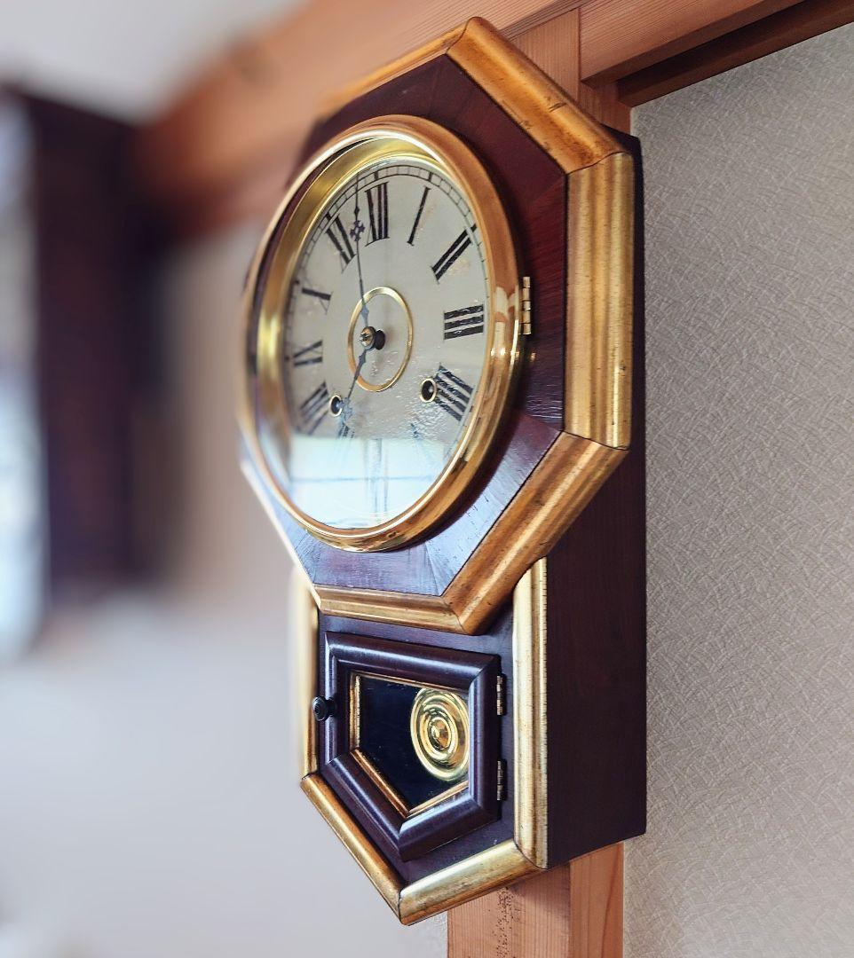 〈OH済完動・極上品〉米国Ｅ．N.WELCH　 金縁八角合長ゼンマイ振り子時計