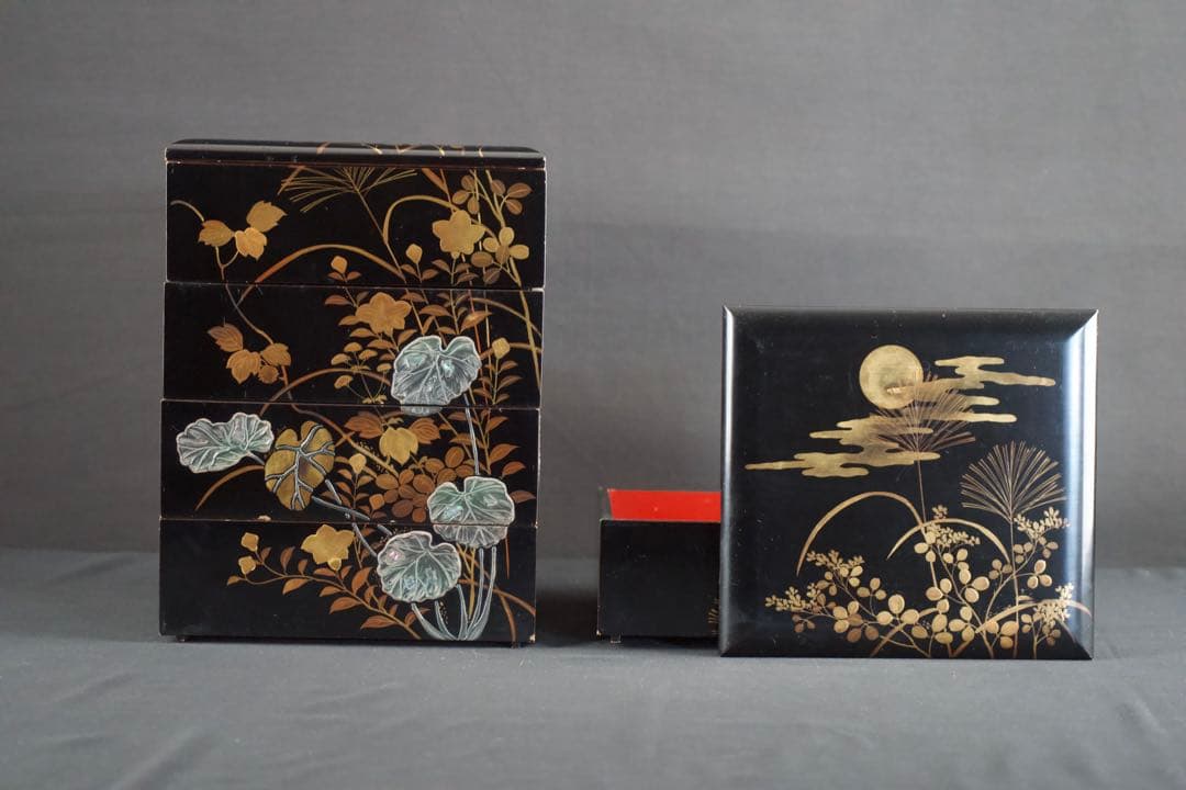 螺鈿細工 蒔絵 木製 五段 重箱 共箱 二枚蓋 時代品 青貝 検) 漆器 輪島塗