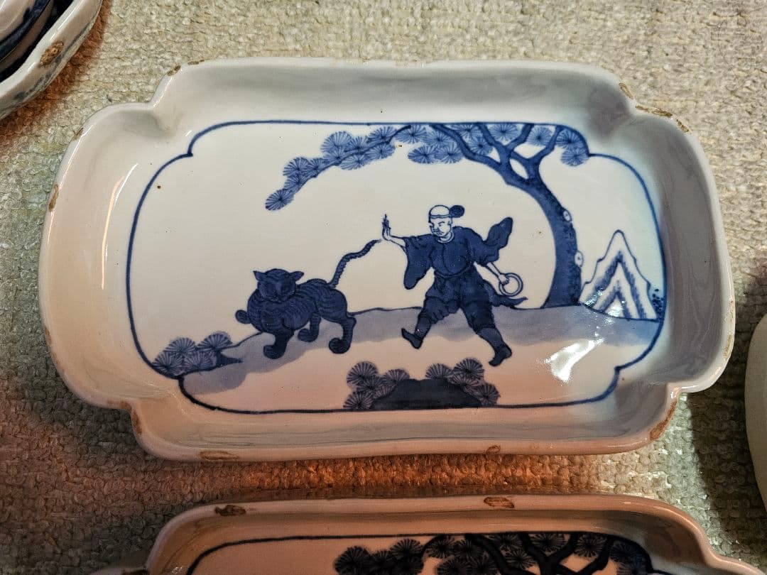 江戸後期 古伊万里 古染付け写し 懐石用 虎に人 5客セット