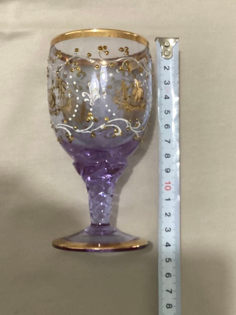 ヴィンテージ リモージュワイングラス 金粒 紫色の高脚グラス 金色装飾