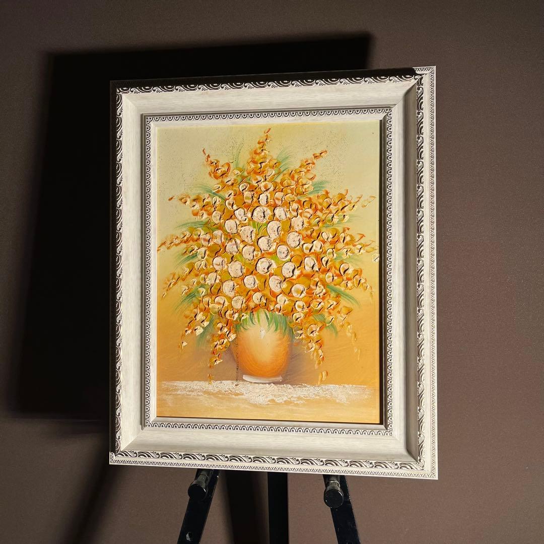 ☆秀作☆ 手書き油絵 花瓶の花 額付 肉筆絵画 インテリア 油彩画