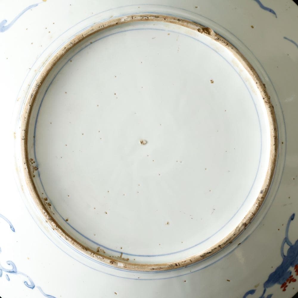 時代物 古伊万里 染錦手 見込に花 竹 松下賢人図 色絵 尺寸大皿