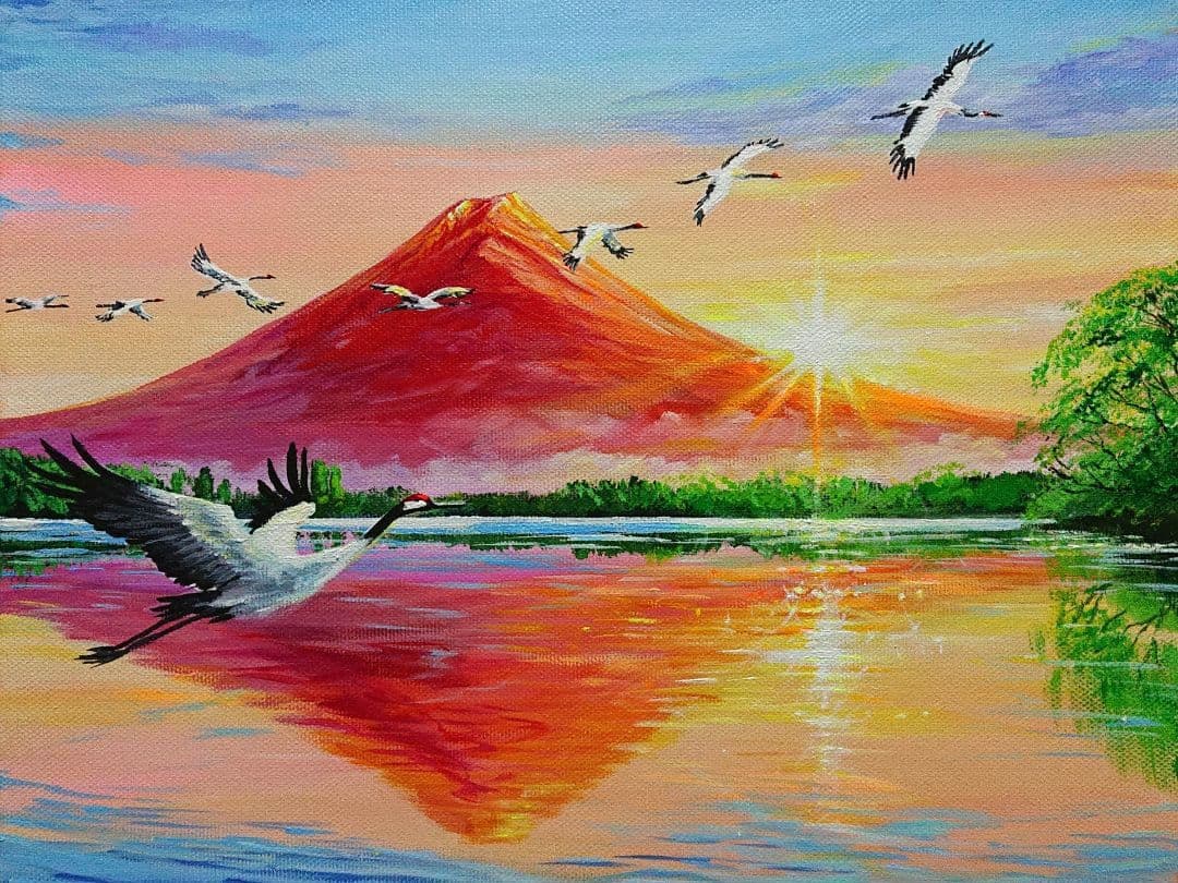 赤富士に鶴】アクリル画 F3 風景画 絵画
