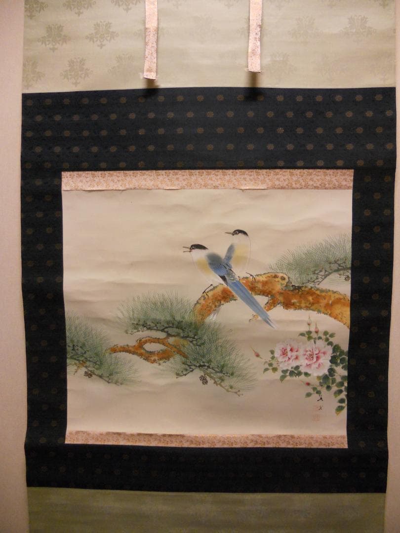 掛け軸 大堂 作 『 不老長春 』 絹本 希少 軸装 茶道具 掛軸 美品 です。