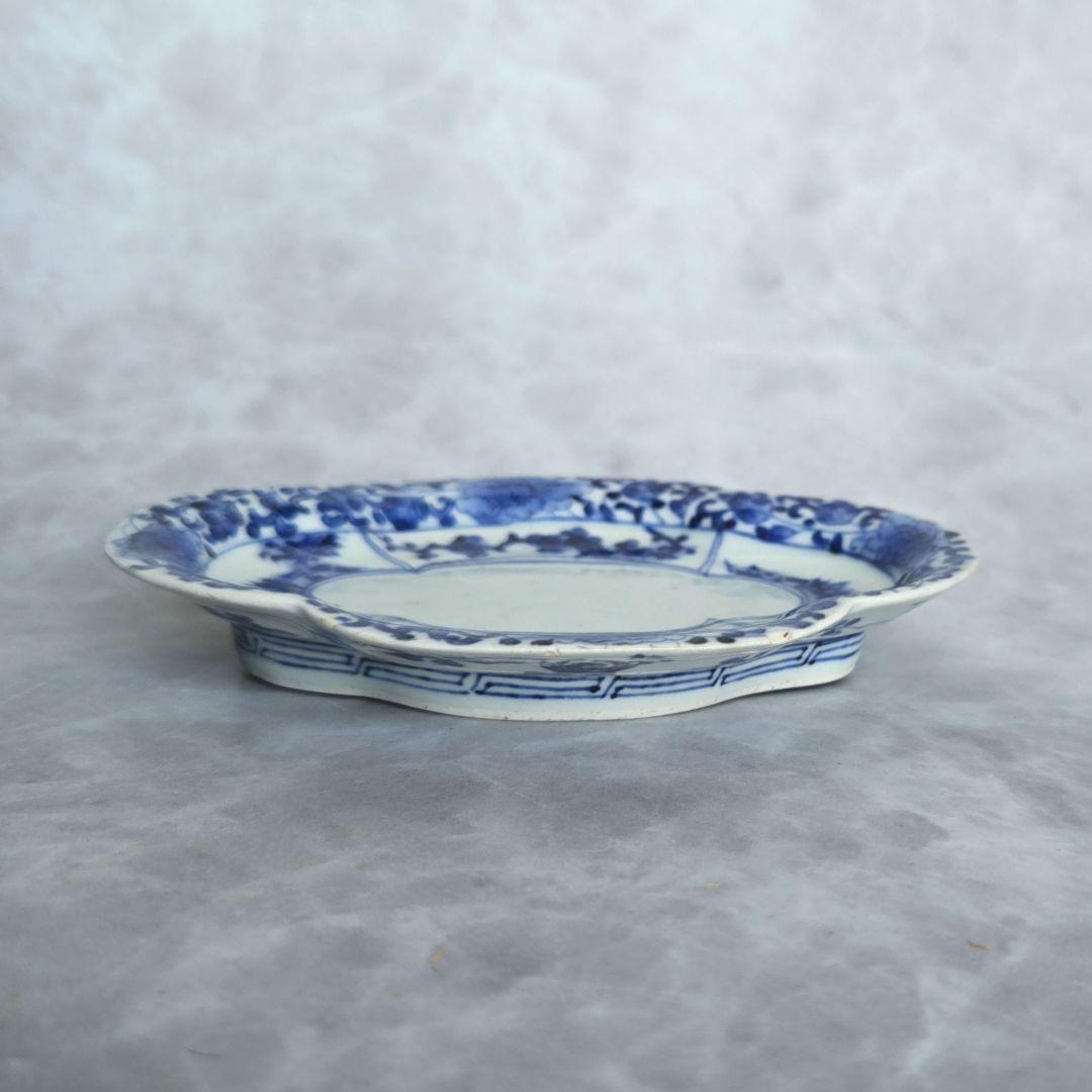 古伊万里 染付 花唐草 変形 小皿 江戸時代 金直し 金継ぎ 骨董