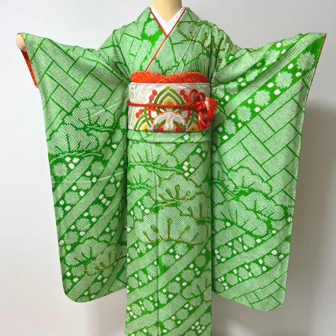 414 振袖フルセット 正絹 黄緑 グリーン 総絞り 駒刺繍 未使用 松