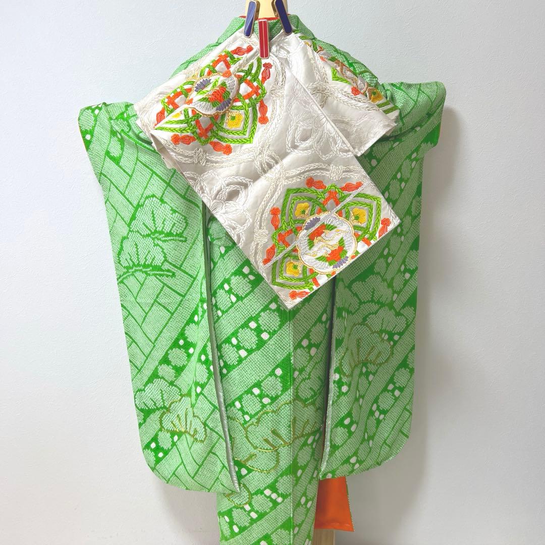 414 振袖フルセット 正絹 黄緑 グリーン 総絞り 駒刺繍 未使用 松