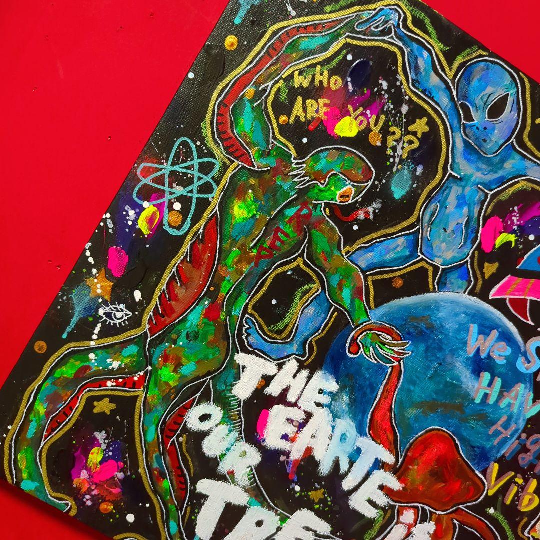 【一点物現代アート】宇宙人たちの絵【F8号】