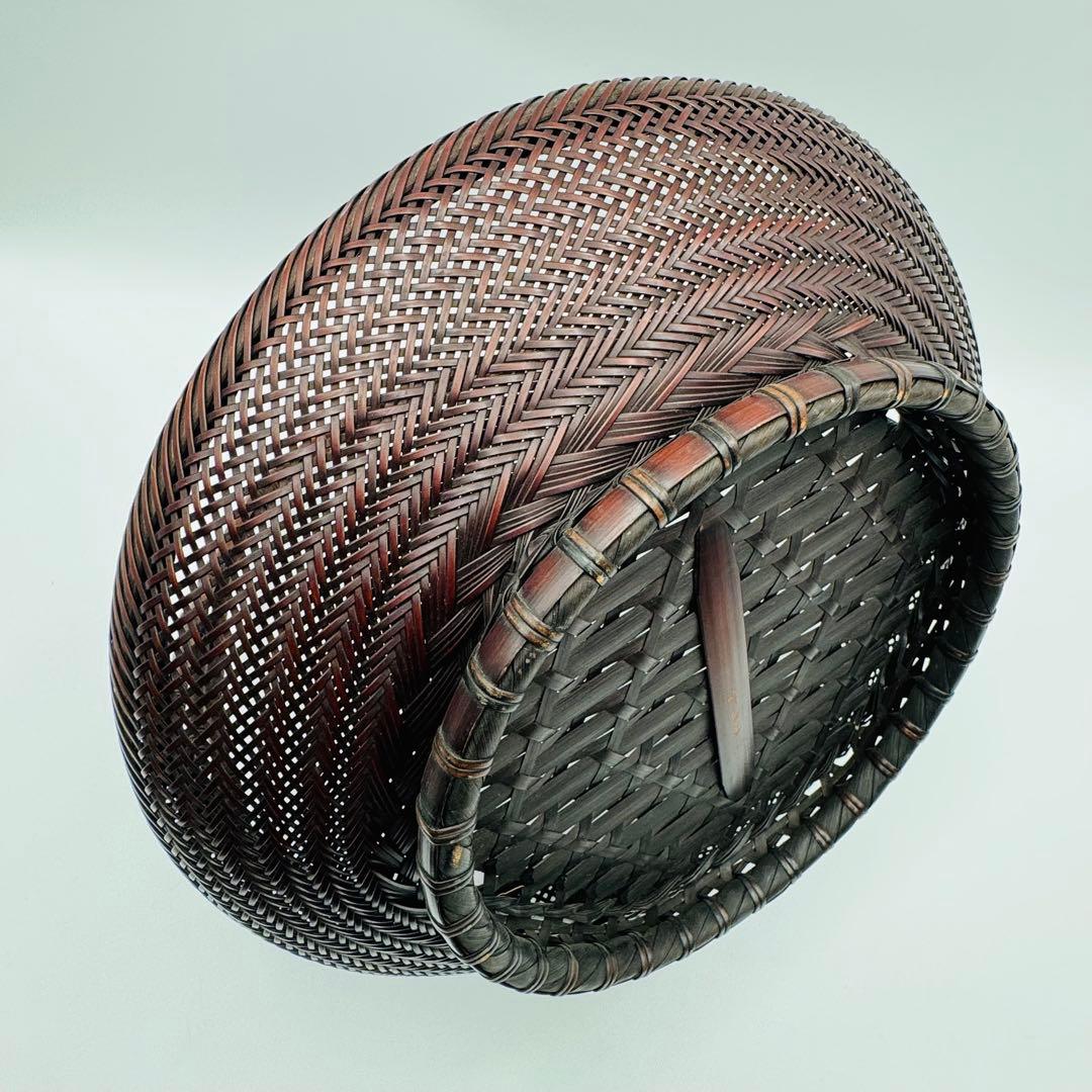 竹旬斎在銘 花籠 銅製水盤】花器 花盛 竹細工 アンティーク