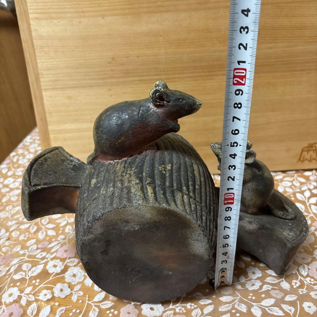 藤原陶臣 備前焼 子置物　打ち出の小槌に鼠