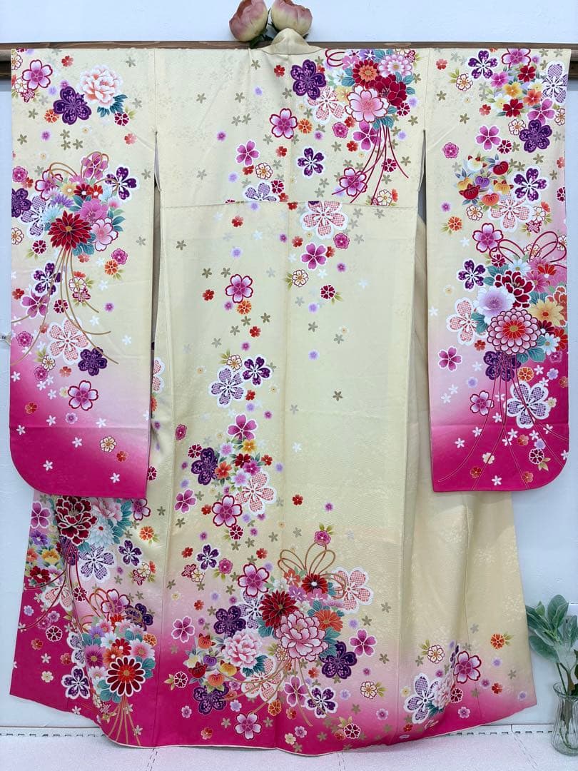 成人式 振袖フルセット 1140 薄黄色&ピンク 正絹 振袖 格安！