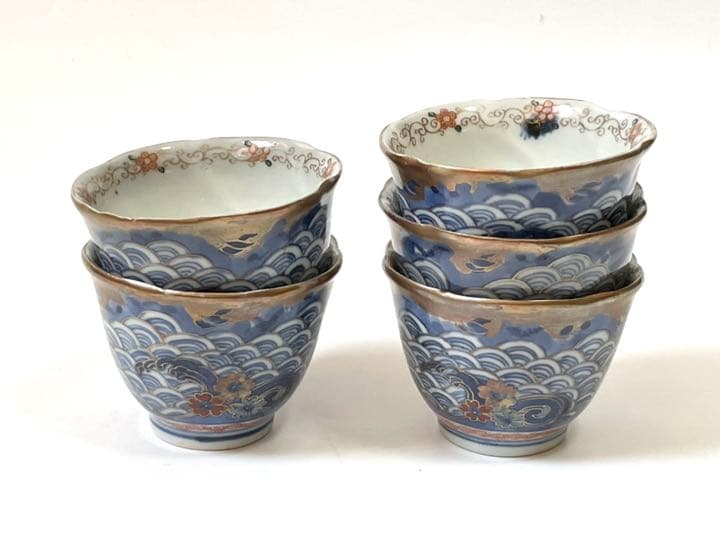 骨董 アンティ ク 古伊万里 染付 金襴手 青海波 波間千鳥 桜 盃 5