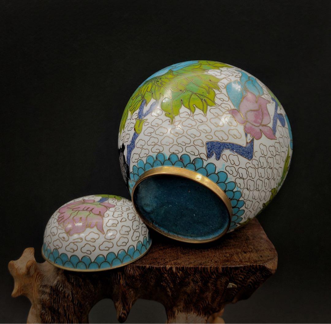 中國美術 古玩 景泰藍 花鳥紋樣白地 七宝焼 茶入 茶筒 茶道具