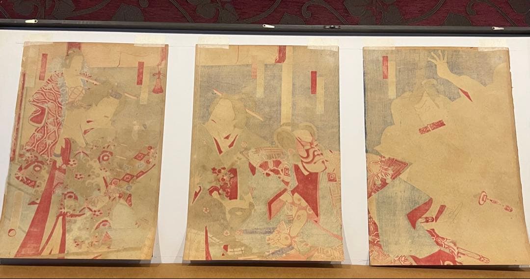 版画 歌川国虎 3枚綴 歌舞伎絵 市川團十郎 KABUKI 浮世絵 木