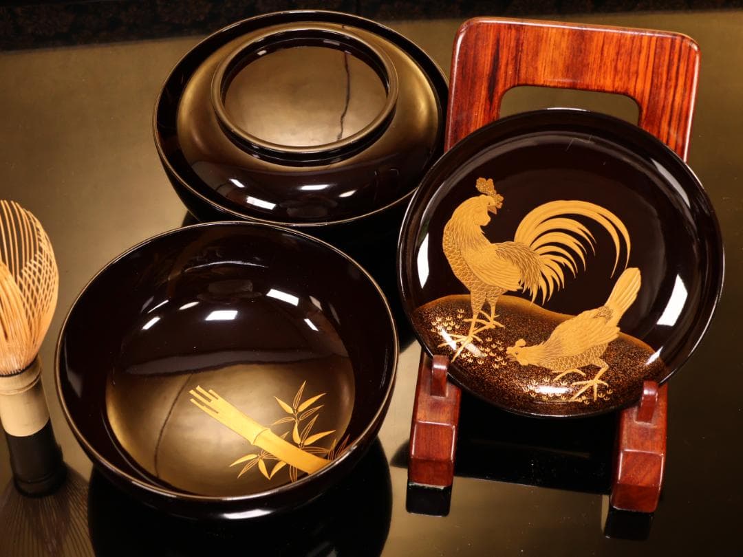 BK415　時代輪島塗　竹鶏図金蒔絵　吸物鶏　二客　木製　茶道具 懐石 会席