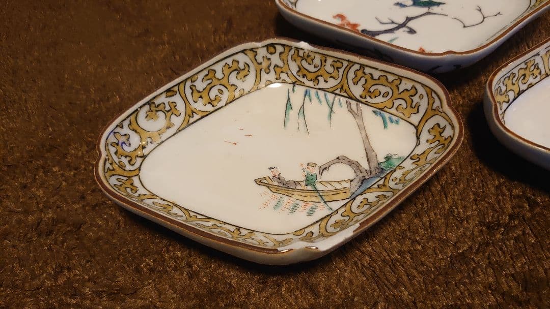 古九谷 九谷焼 色絵 菱形皿 蔵出し 3種 3客 美術品・アンティーク