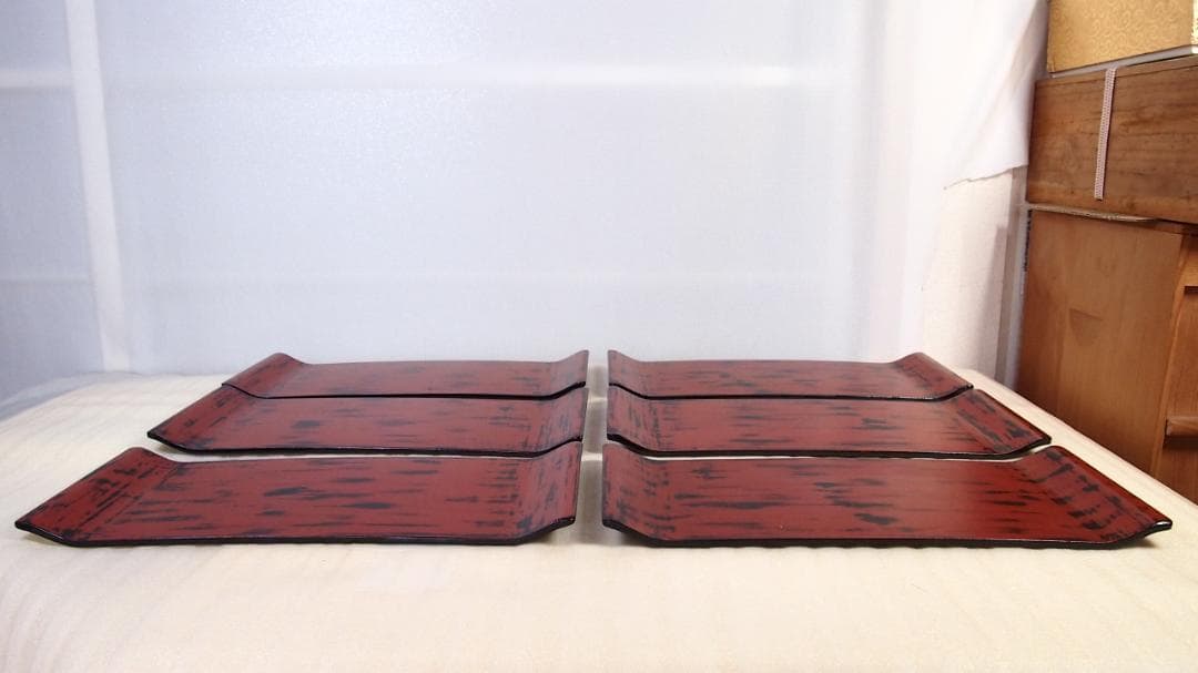 良品】根来塗 金剛堅地請合 味のある角盆 6客 角