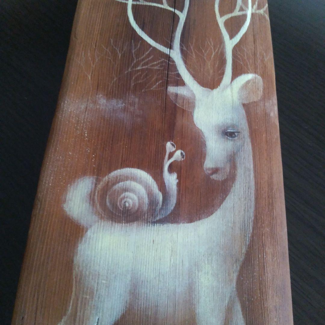 プロ作家流木絵画アート工芸品不思議な鹿？カタツムリ蝸牛月