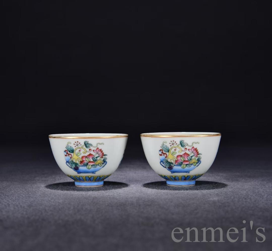 中国古美術・旧蔵・清乾隆粉彩多宝図杯セット・銘紋・唐物・茶碗