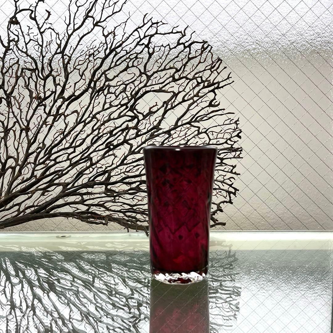 骨董 時代 希少金赤ガラス モールガラス調 流線型ピルスナー