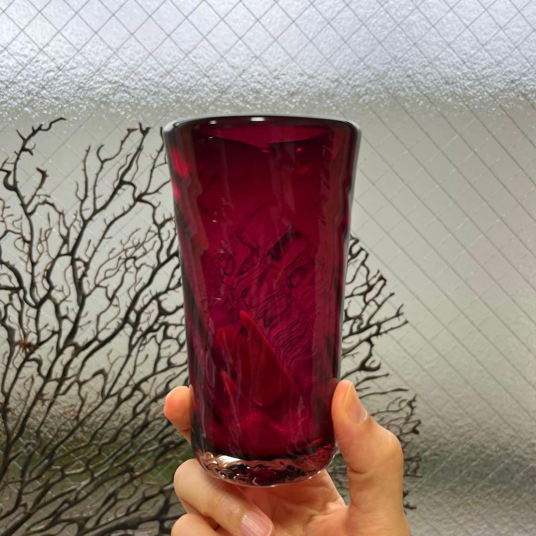 骨董 時代 希少金赤ガラス モールガラス調 流線型ピルスナー