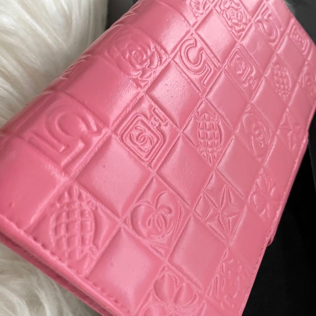 シャネル CHANEL 二つ折り 財布 アイコンライン ピンク がま口