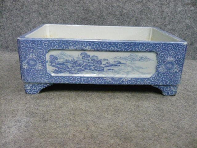 銅版 花唐草に風景図 染付 水盤 [B31491]