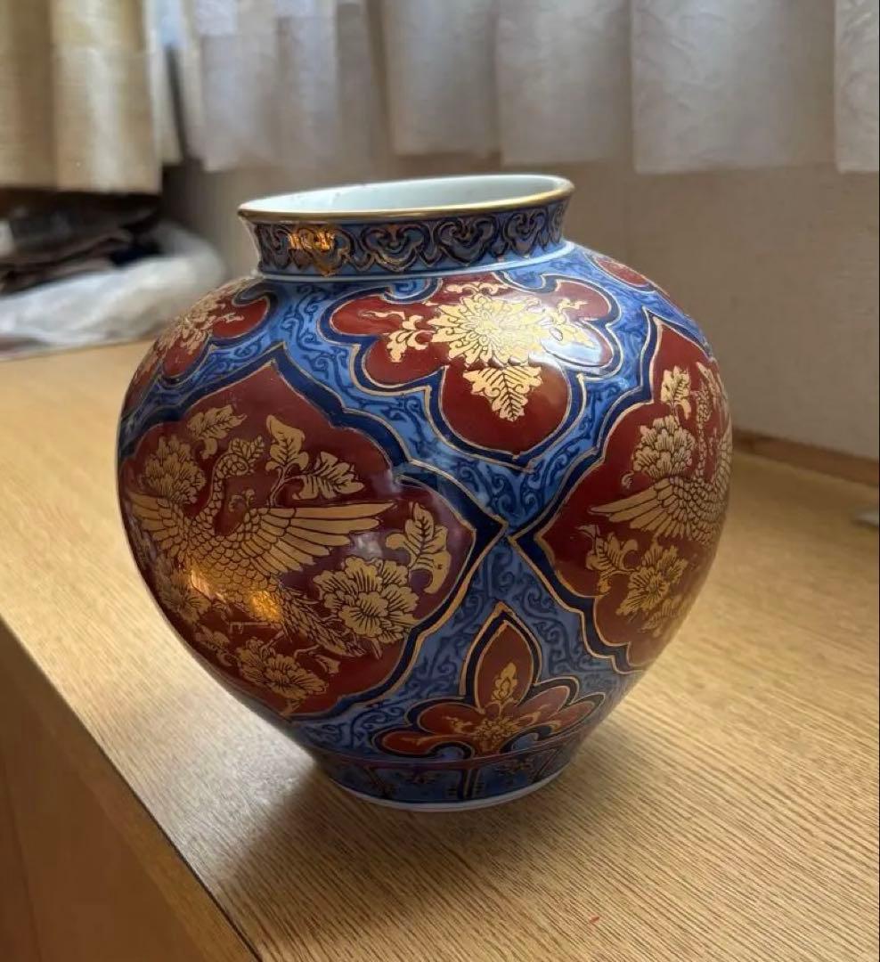 有田焼 勝山作 手描き 骨董品 金襴手 鳳凰文 花瓶　インテリア 限定品　風格