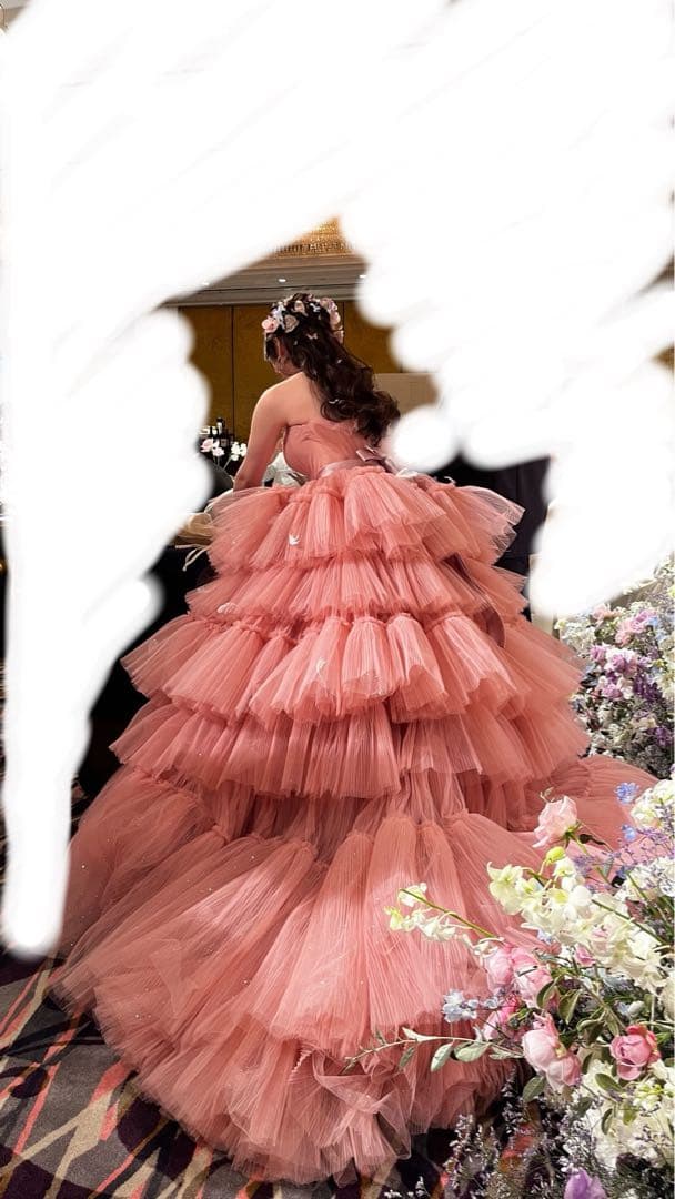 【送料込】ピンク グリッター カラードレス パニエ付 ボリュームチュールドレス