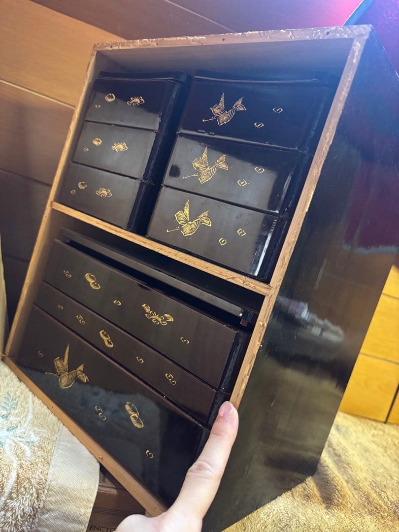 漆器 重箱 金色の鶴模様