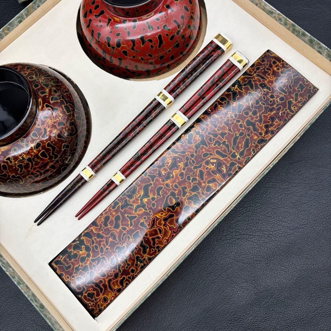 未使用【津軽塗】唐塗 《椀 箸 箸置き》ペア セット/夫婦椀 組椀