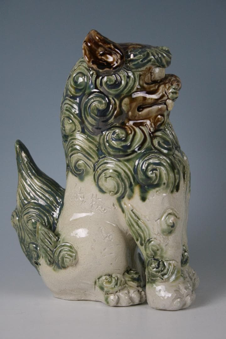 金城敏徳 作　緑釉立シーサー（特大）1対