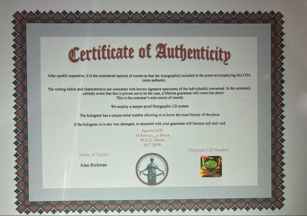 ハリー・ポッター　アラン・リックマン 直筆サイン入り写真 保証書付 スネイプ G