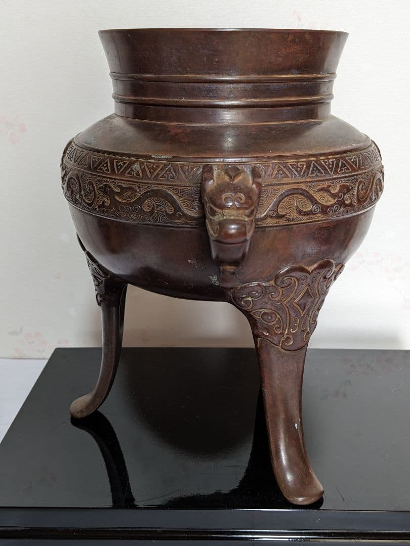 ♦銅器 神獣文 龍双耳 三足花器 初代 定塚義正 明治〜大正時代 花生 骨董品