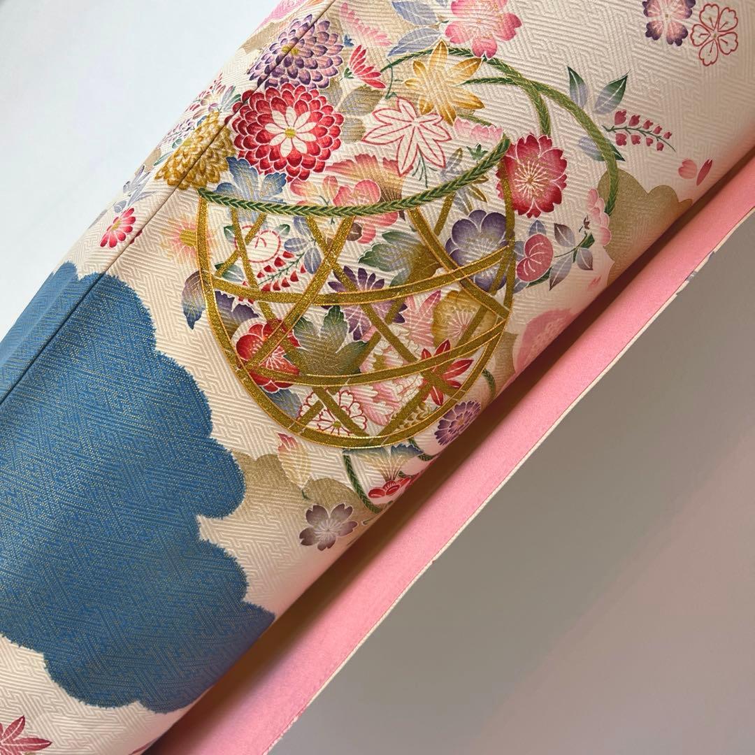 446 振袖フルセット 正絹 岩田専太郎 金彩 駒刺繍 絞り クリーム 青 紫