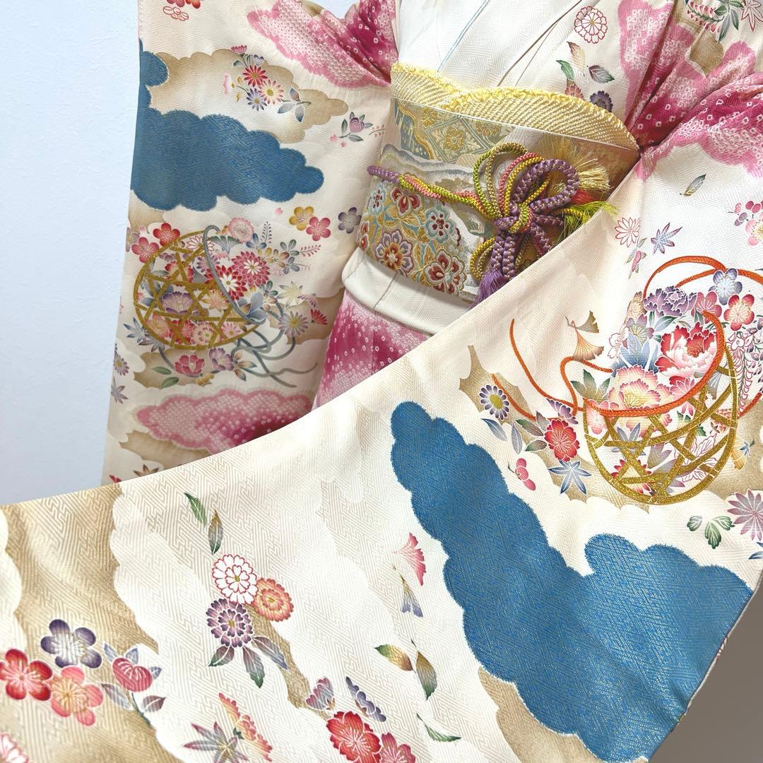 446 振袖フルセット 正絹 岩田専太郎 金彩 駒刺繍 絞り クリーム 青 紫