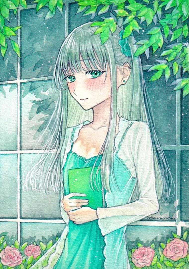 手描きイラスト オリジナル 創作 原画 水彩 青 緑 女の子 B7サイズ