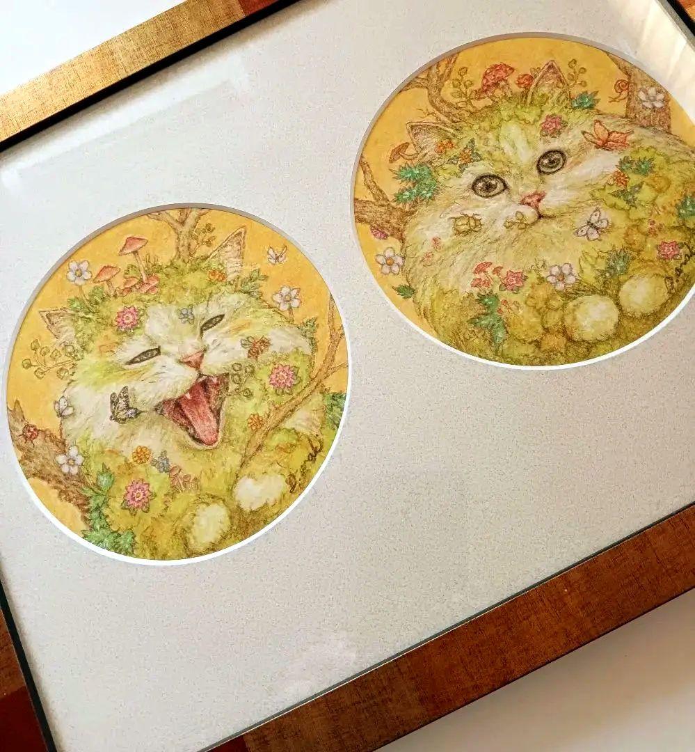 【原画】『苔むした猫　阿吽』植物　絵画　アンティーク