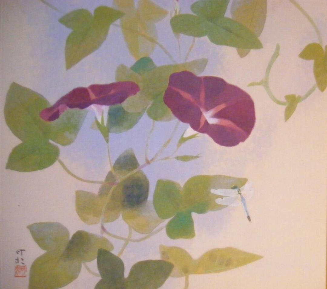 真作】絵画 笠原可雄 日本画10号 朝顔 日展会友 名品 箱・黄袋入 Q103