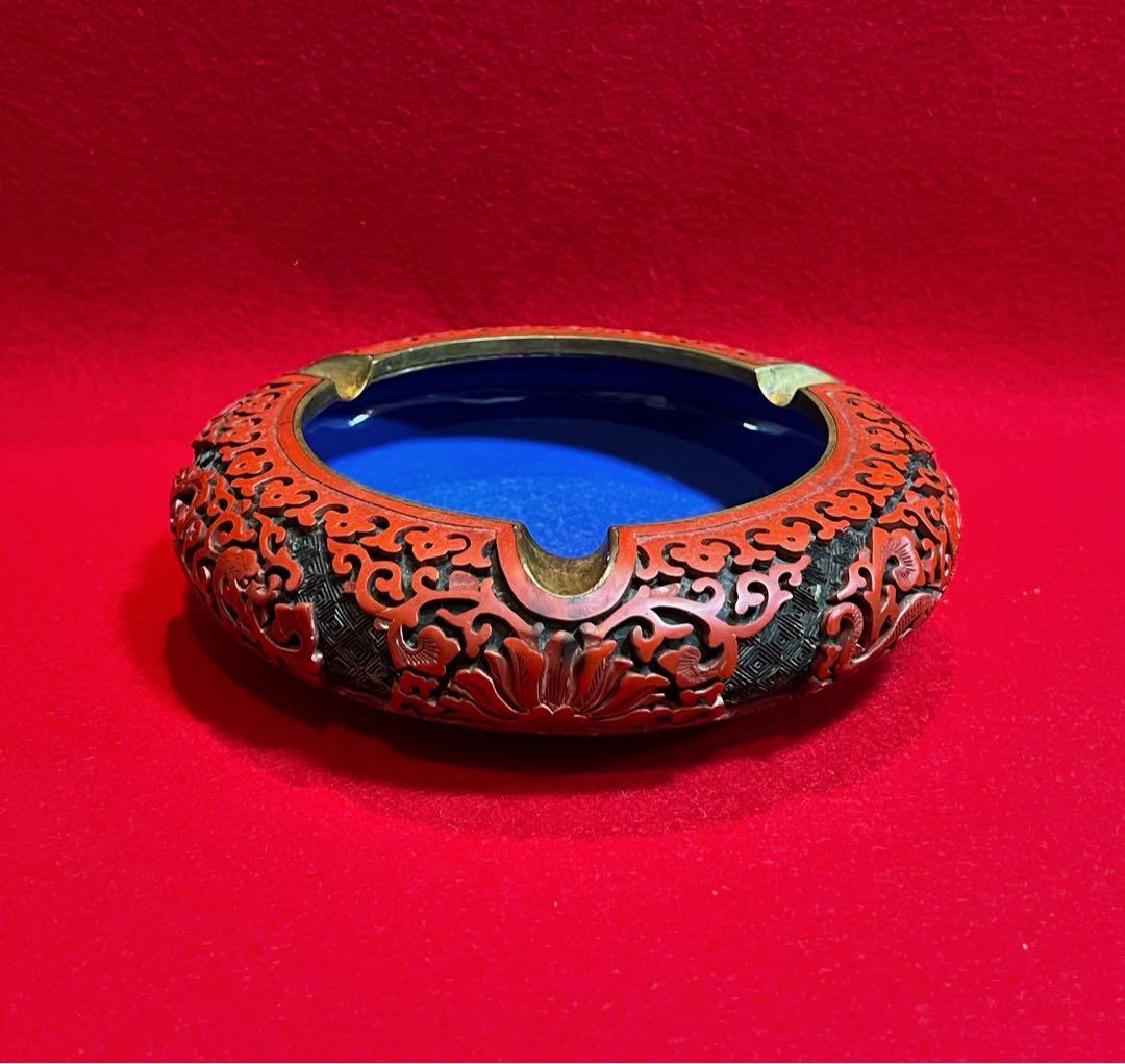 中国美術 古玩 堆朱 剔紅 漆彫 龍紋樣 寶相花紋樣 煙皿