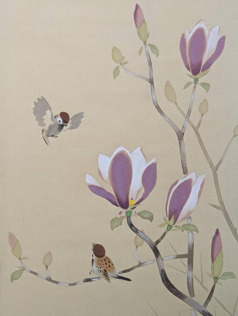 【真作】掛軸　元宗銘　木蓮と小鳥　春の訪れ　さえずる春景色　　Q84