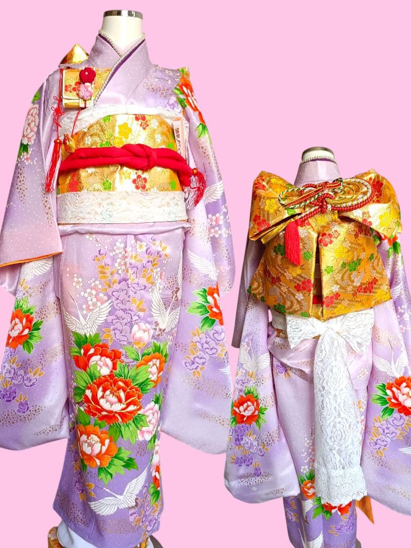 薄紫の着物と金の作り帯☆七五三７歳セット