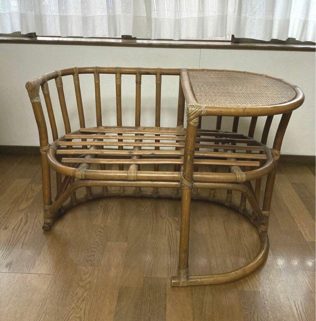 アンティーク ラタン 藤家具 サイドテーブル付きテレフォンベンチ