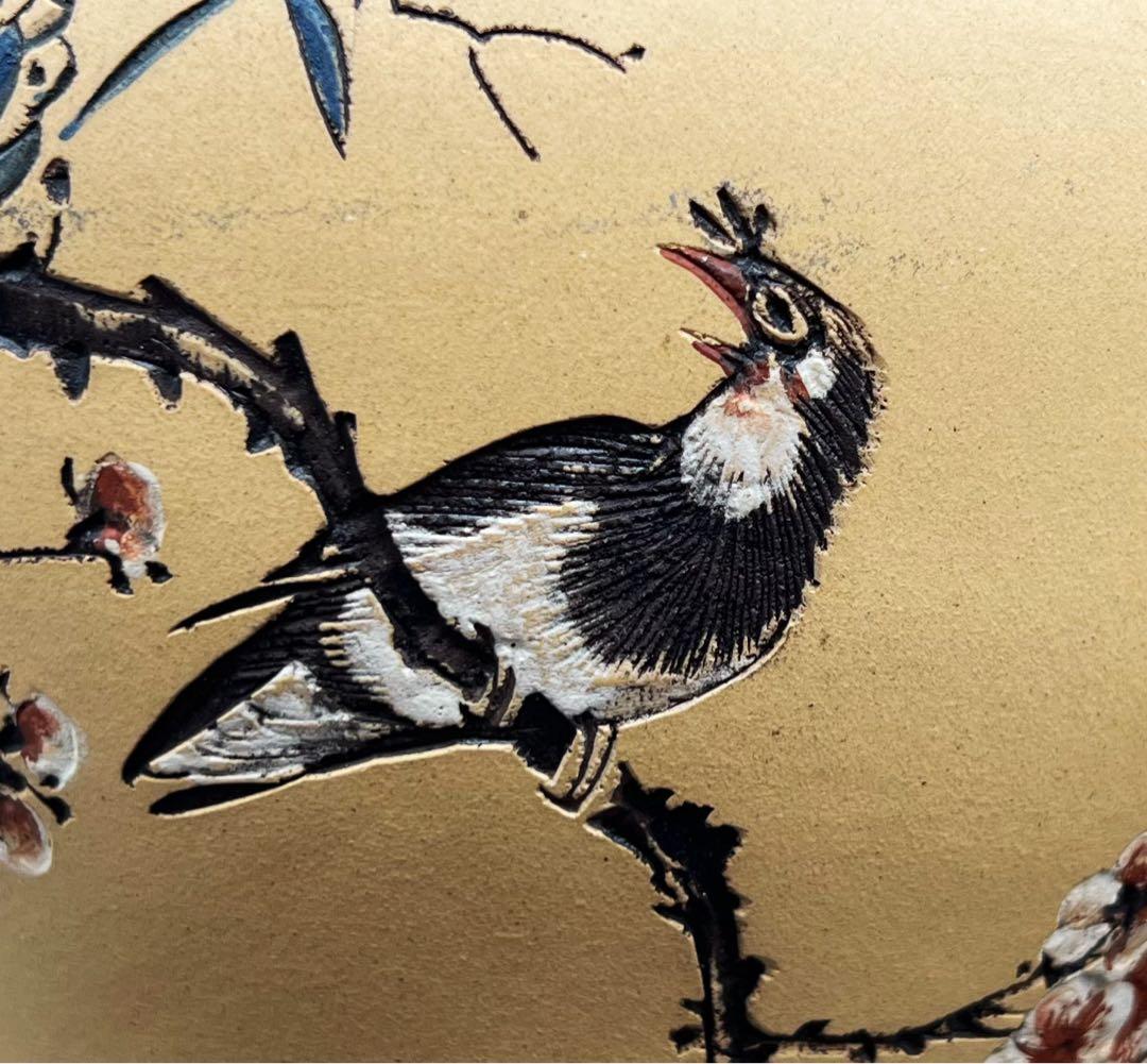 中国美術 中国古玩 中国宜興紫砂 花鳥紋樣花瓶2点